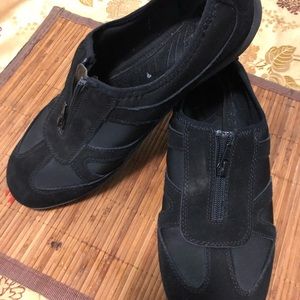 Black swede flat shoes with a top zipper, size 11W